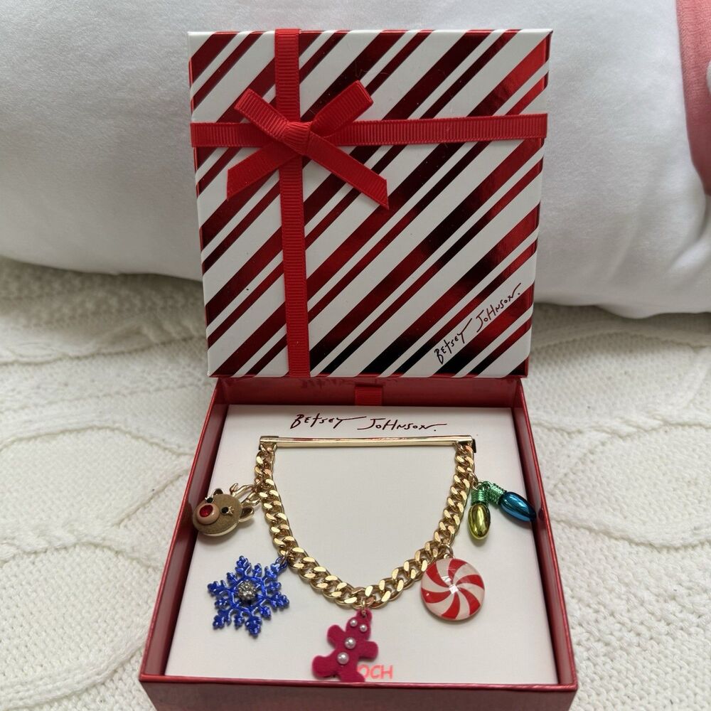 Betsey Johnson Holiday Charm Pin Brooch Christmas 5 Charms Whimsy New Authentic